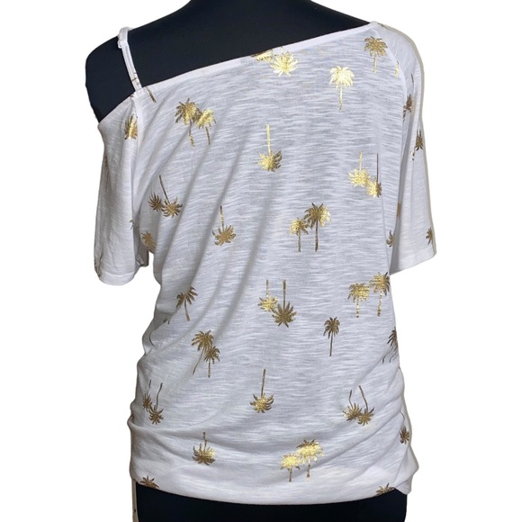 Torrid Off Shoulder Feather Soft Slub Twist Hem White Gold Palm Tree Top 1X - Picture 11 of 12